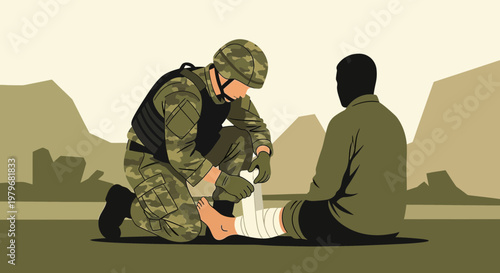 Soldier provides medical aid to injured civilian in conflict zone
