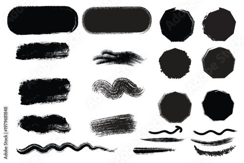 Collection of abstract black brush strokes and textural paint splatters