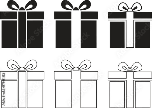 Black and white gift box illustrations with ribbons and bows