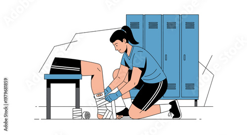 Sports injury treatment: athletic trainer bandages injured athlete's ankle in locker room