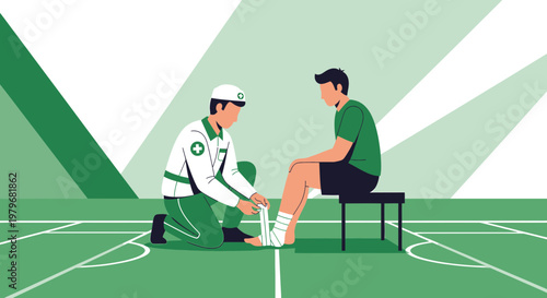 Sports injury treatment: Athletic trainer bandages injured ankle of athlete on field