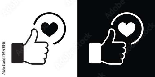 Line art vector of thumbs up hand with black heart inside a circle on white background. Minimalist icon for like with love, approval plus affection, social reactions, favorites, positive feedback in a