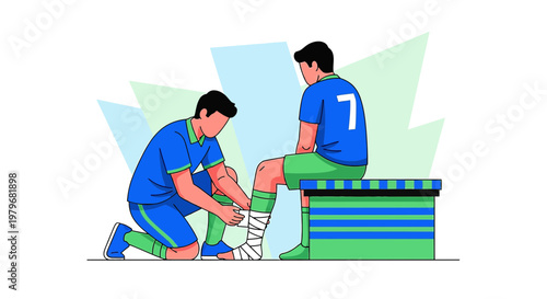 Sports injury treatment: Trainer applies bandage to soccer player's injured leg
