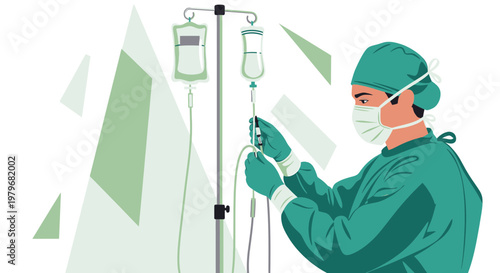 Surgeon Adjusting IV Drip in Operating Room, Medical Procedure Illustration