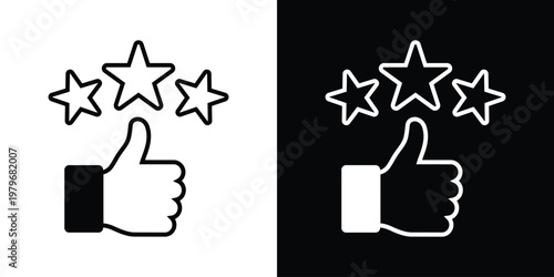Minimalist line art icon featuring hand thumbs up gesture topped with four outline stars for high rating and approval. Clean black vector on white background, ideal for reviews, feedback, quality symb