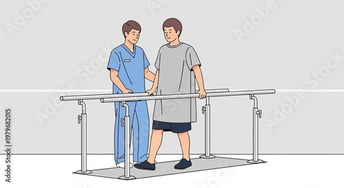 Physical Therapy Patient Walking with Assistance in Parallel Bars