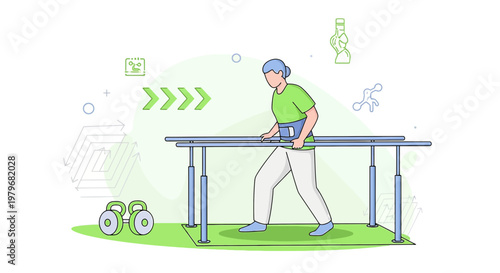 Physical therapy patient walking with parallel bars and supportive brace, rehabilitation concept