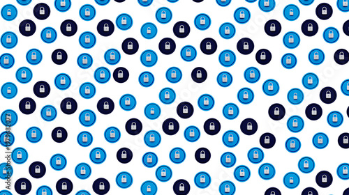 Cybersecurity Blue and Navy Padlock Icons Scattered Pattern on White Background — 3D Render of White Lock Symbols on Blue Circles for Cyber Security, Data Protection, Network Safety and Internet 