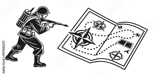 Soldier with rifle aiming at a map with compass roses and path black and white army man strategy planning military map military strategy planning navigation direction guidance