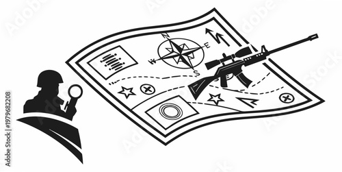 Detective soldier examining map with sniper rifle magnifying glass risk assessment finding targets combat planning detective strategy military investigation objective tactical