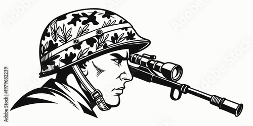 Soldier aiming sniper rifle through scope military action soldier face black and white army sniper military illustration camouflage strategy equipment sharpshooter marksman security