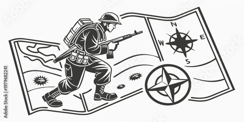 Soldier running with rifle on map with compass ground combat soldier action military map war action military strategy operation tactical planning equipment navigation tracking