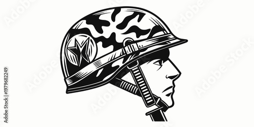 Картината върху платно Profile of soldier wearing camouflage helmet military illustration black and whi