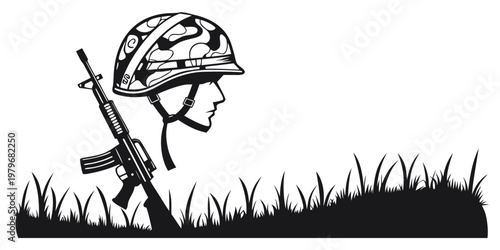 Soldier's helmet and rifle in grass military symbol black and white army man armed forces armed combat military camouflage illustration silhouette infantry security patriotic