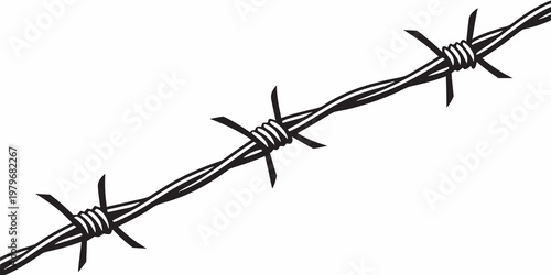 Single strand of barbed wire with black and white property line security restriction protection illustration monochrome isolated material deterrent agriculture construction industry