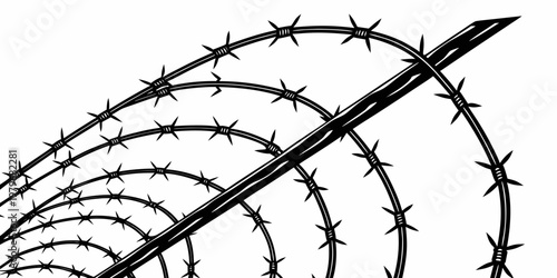 Barbed wire fence graphic design with keep out no entry black and white chain link security fence property line security restriction protection surveillance no entry illustration