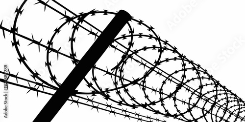 Barbed wire security fence graphic with keep out no entry black and white chain link property line security restriction protection surveillance no entry illustration abstract