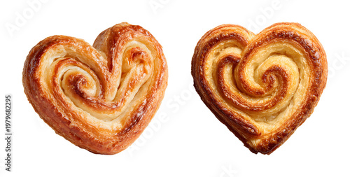 Heart shaped puff pastry palmiers cookies, buttery flaky sweet dessert PNG set isolated on transparent background
