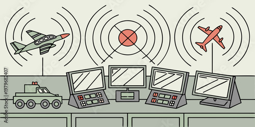 Air traffic control center with radar screens displaying aircraft and a vehicle aircraft airplane monitoring technology aviation transportation surveillance communication navigation