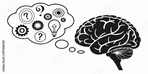 Brain with a thought bubble showing gears question marks a lightbulb problem solving black and white thought process lightbulb thinking creativity intelligence cognition illustration
