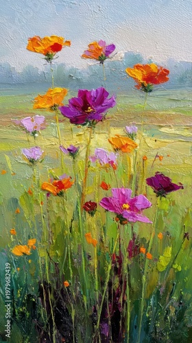 Vertical impressionist oil painting of blooming flower field with expressive strokes in magenta orange and lavender capturing plein air style luminous harmony and inspiring gallery quality art concept