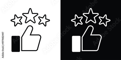 Minimalist line art icon featuring hand thumbs up gesture topped with four outline stars for high rating and approval. Clean black vector on white background, ideal for reviews, feedback, quality symb