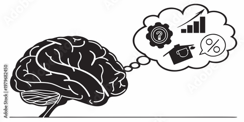 Brain thinking about business growth housing percentages with thought bubble bar graph percent sign real estate interest rate thinking business percentage illustration cognition