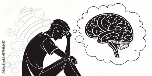 Man thinking and processing information with gears and a brain image thought bubble thought process mental health thinking processing information contemplation solution cognition