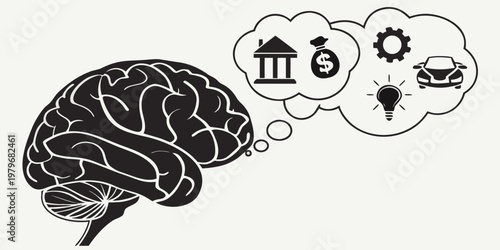 Brain contemplating financial housing automotive concepts with thought bubble real estate thinking building automobile lightbulb illustration cognition planning strategy investment