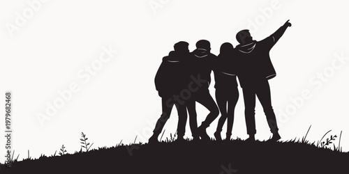 Silhouette of a group of friends standing together on a hill with looking out outdoor activity silhouette together standing outdoors companionship friendship teamwork connection