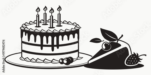 Birthday cake with lit candles and a slice of cake with fruit party time party food sugar rush party centerpiece cake shop birthday celebration strawberries cherries confectionery