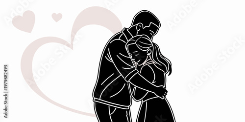 Couple embracing with hearts background line art black and white flat design relationship together affection intimacy happiness connection sweetheart soulmate devotion silhouette