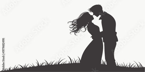 Couple silhouettes kissing in a grassy field with black and white silhouette together affection relationship outdoors movement happiness connection sweetheart soulmate devotion