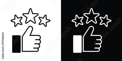 Minimalist line art icon featuring hand thumbs up gesture topped with four outline stars for high rating and approval. Clean black vector on white background, ideal for reviews, feedback, quality symb