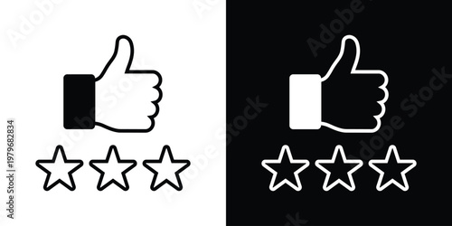 Minimalist line art icon featuring hand thumbs up gesture topped with four outline stars for high rating and approval. Clean black vector on white background, ideal for reviews, feedback, quality symb