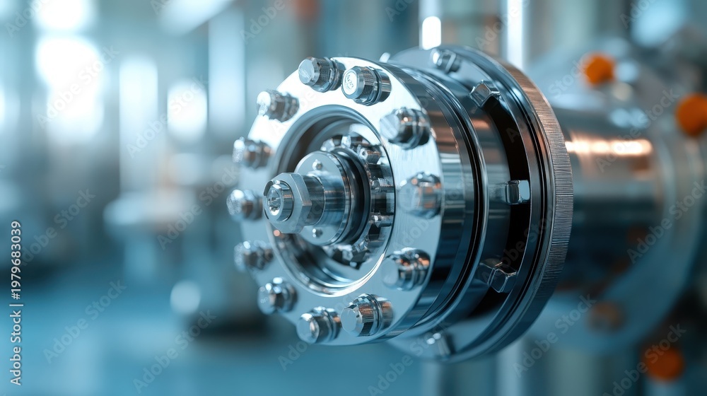 Fototapeta premium This image presents a close-up view of a vibrant chrome mechanical part, showcasing intricate details and reflections that highlight modern engineering and precision.