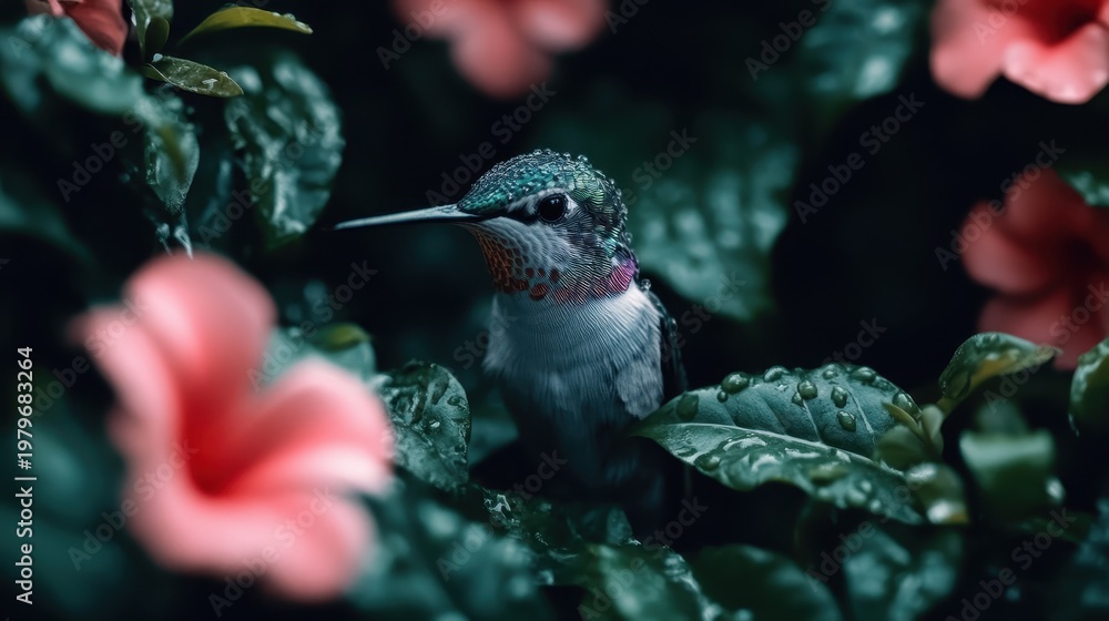 Naklejka premium A stunning hummingbird perches gracefully among vibrant pink blossoms, showcasing its iridescent feathers and the beauty of nature in a serene setting.