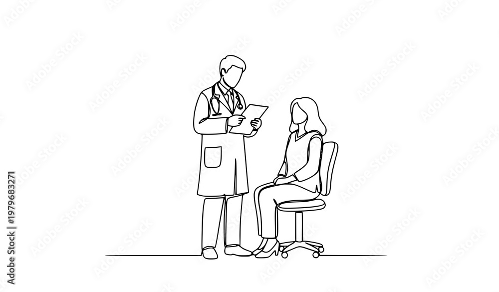 Obraz premium Continuous line drawing of male doctor consulting female patient medical record vector illustration