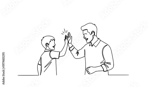 Continuous line drawing of father high-fiving son for school achievement vector illustration
