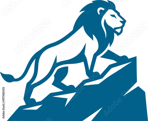 Brave lion standing on a steep mountain cliff edge blue vector can be Editable