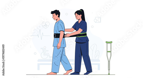 Physical therapist assists patient with walking after surgery, rehabilitation concept