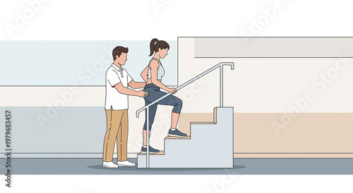 Physical therapist assists woman climbing stairs for rehabilitation after surgery