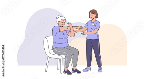 Physical Therapist Assists Senior Woman with Arm Exercise for Rehabilitation