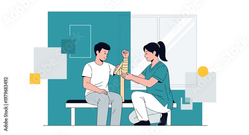 Physical therapist bandaging patient's arm in clinic, rehabilitation and care concept