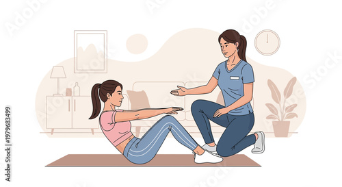 Physical Therapist Assists Woman with Sit-Up Exercise at Home