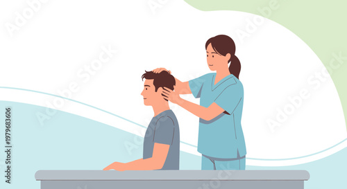 Physical therapist examining patient's head and neck, rehabilitation and care concept