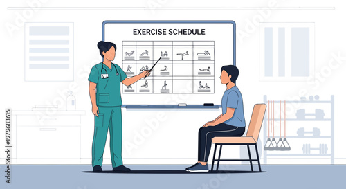 Physical Therapist Explains Exercise Schedule to Patient in Clinic