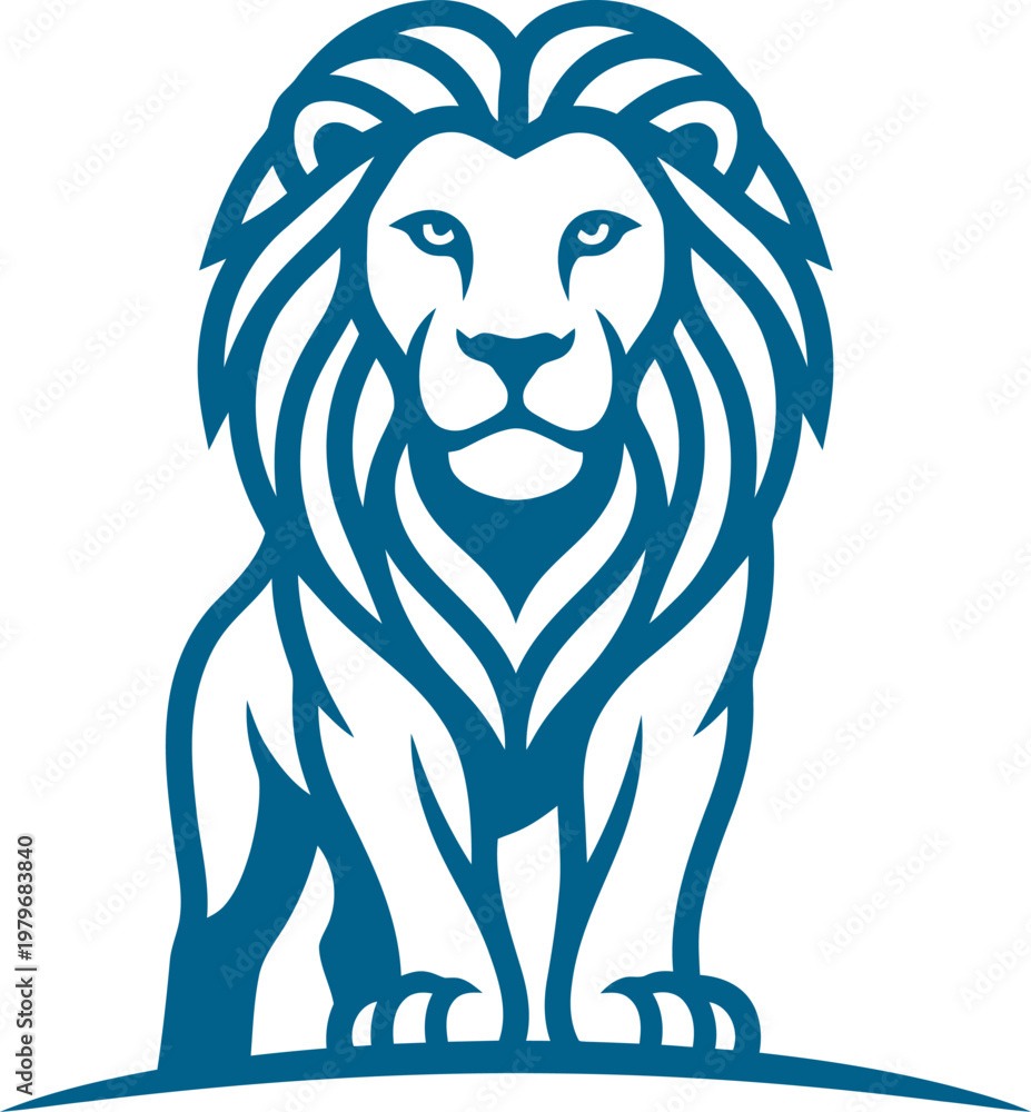 Obraz premium Frontal view of a lion sitting on the ground blue vector art can be Editable