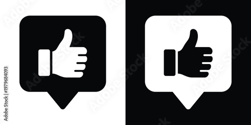 White outline speech bubble on black background enclosing thumbs up hand and four stars for top-rated message approval. Inverted duotone vector icon ideal for dark mode UI, chat feedback, review notif