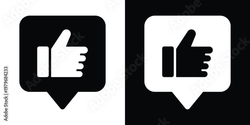 White outline speech bubble on black background enclosing thumbs up hand and four stars for top-rated message approval. Inverted duotone vector icon ideal for dark mode UI, chat feedback, review notif